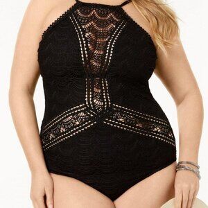 Becca ETC. Plus Black Crochet High-Neck Illusion One Piece Swimsuit 1X NWT $168